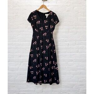 Vintage Liz Claiborne Floral Maxi Dress Sz 8 Black Cottagecore Fairy Casual Chic